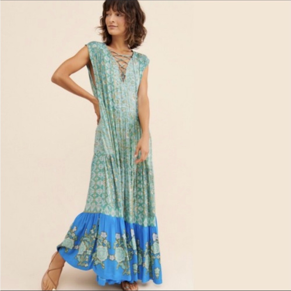 Free People Boho Floral Lace-Up Maxi Dress XS Teal Blue Mixed Print